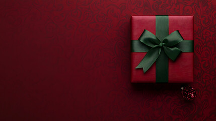 A red gift box with a green ribbon, symbolizing the festive spirit of Christmas, beautifully wrapped for holiday celebrations, evoking feelings of joy, warmth, and the excitement of giving and receivi