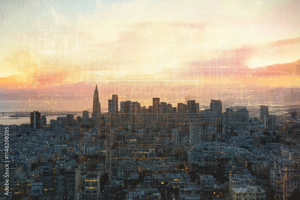 Poster Cityscape illuminated by sunset, showcasing a digital neural network symbolizing the integration of artificial intelligence. Generative AI