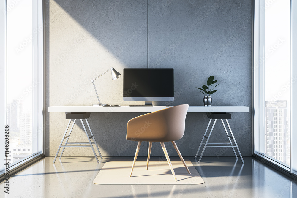 Poster modern minimalist workspace with desk, chair, computer, and lamp in bright room with concrete walls 