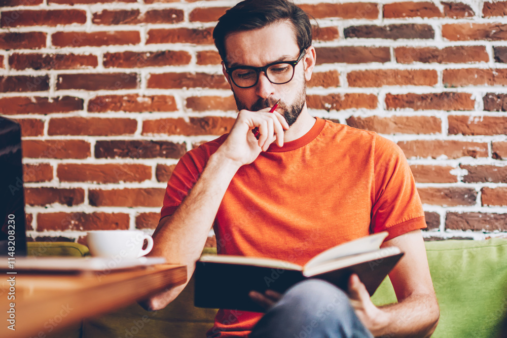 Poster concentrated smart hipster student learning information from textbook preparing for seminar.pensive 
