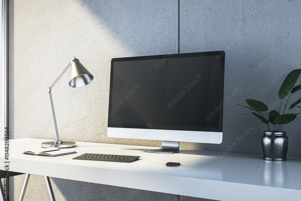Poster Modern workspace with computer and desk lamp on a sleek white table in a minimalistic room. 3D Rendering