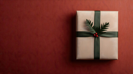 A red gift box with a green ribbon, symbolizing the festive spirit of Christmas, beautifully wrapped for holiday celebrations, evoking feelings of joy, warmth, and the excitement of giving and receivi