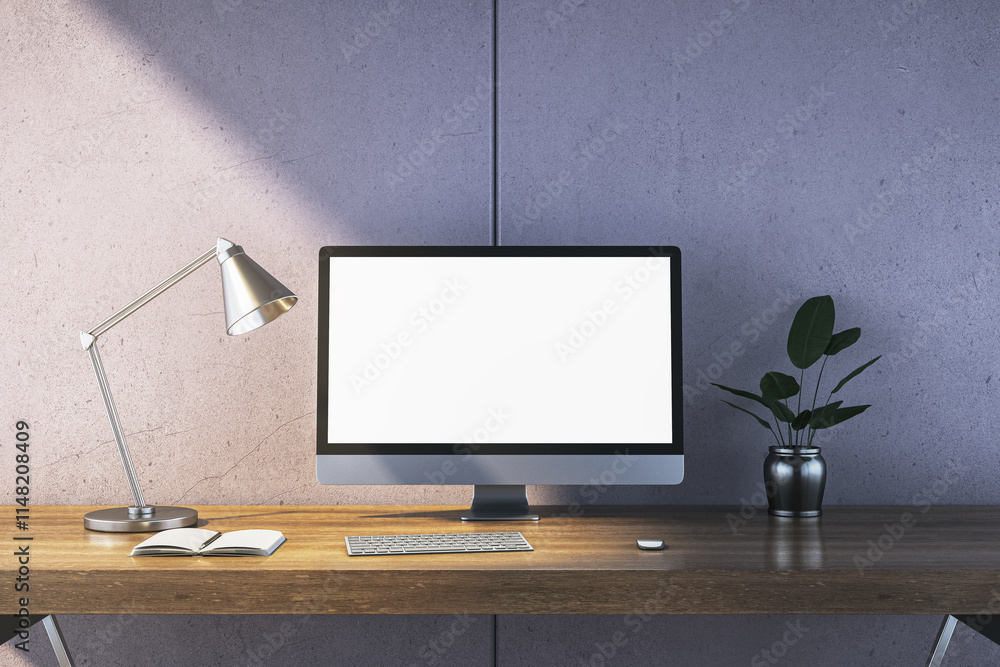 Poster desktop setup with blank screen computer, wooden desk, lamp, plant, and notebook in modern room inte