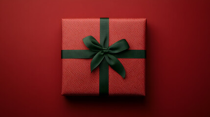 A red gift box with a green ribbon, symbolizing the festive spirit of Christmas, beautifully wrapped for holiday celebrations, evoking feelings of joy, warmth, and the excitement of giving and receivi