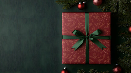 A red gift box with a green ribbon, symbolizing the festive spirit of Christmas, beautifully wrapped for holiday celebrations, evoking feelings of joy, warmth, and the excitement of giving and receivi