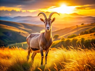 Obraz premium Majestic Goat in Roosevelt-Inspired Field: High-DOF Wildlife Photography