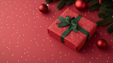 A red gift box with a green ribbon, symbolizing the festive spirit of Christmas, beautifully wrapped for holiday celebrations, evoking feelings of joy, warmth, and the excitement of giving and receivi