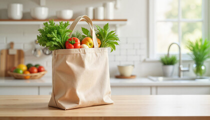 Canvas grocery bag filled with fresh vegetables on kitchen counter