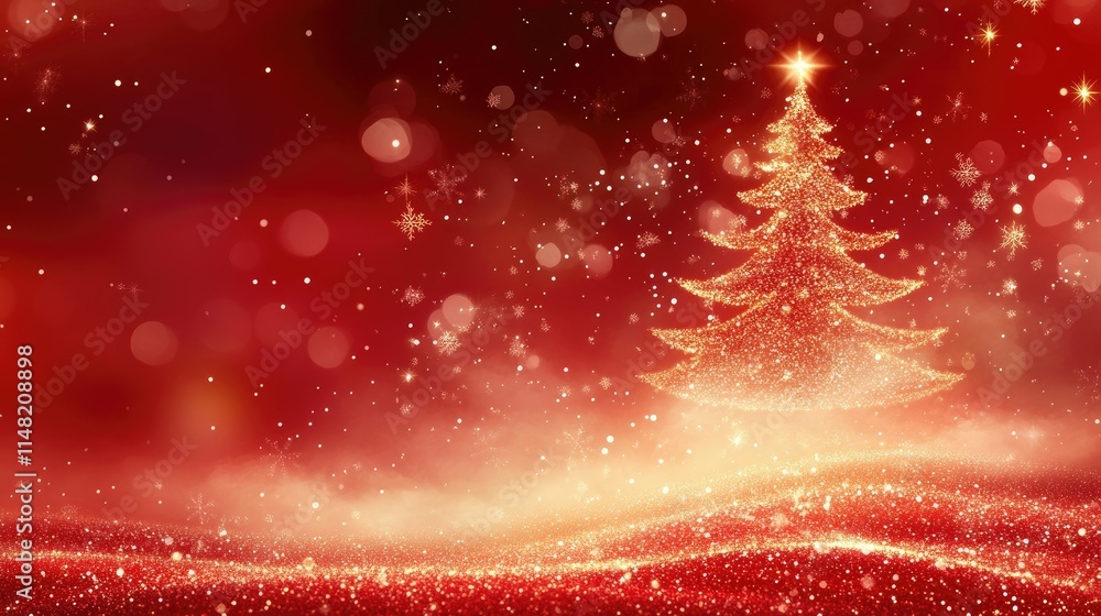 Poster sparkling christmas tree glowing against a red background with soft bokeh lights and snowflakes crea