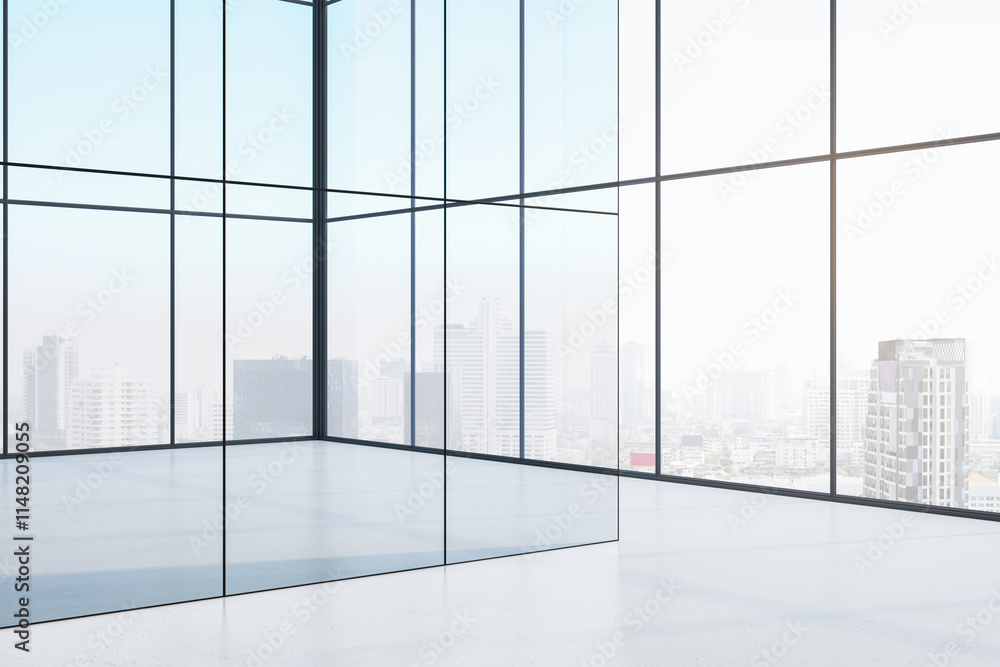 Poster spacious empty room with glass walls and panoramic city view in modern building. 3d rendering