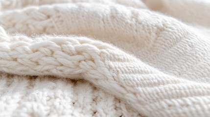 Close-up of creamy white knitted fabric texture with intricate cable knit pattern.