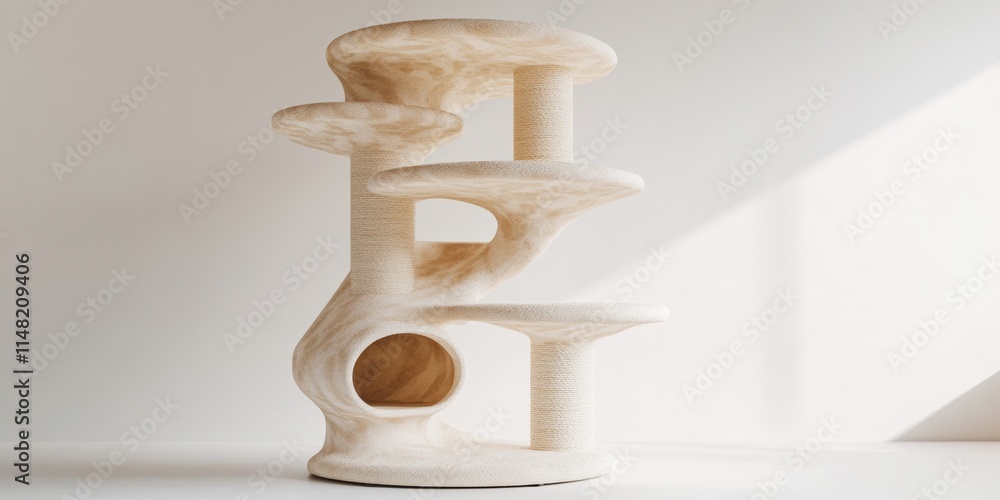 Poster a 3d representation of a contemporary cat tree with a smooth, tiered design and soft resting areas, 