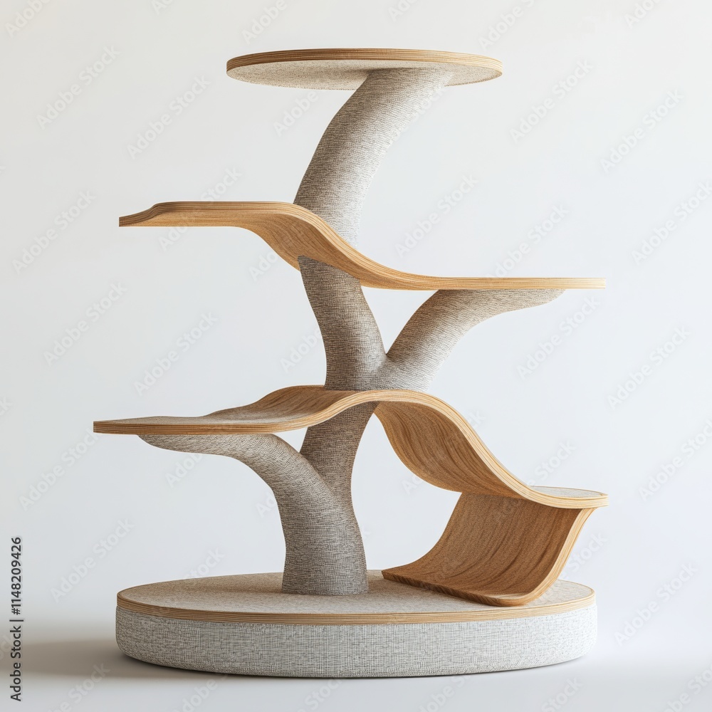 Poster a 3d representation of a modern cat tree with smooth, tiered levels and a small scratching surface, 