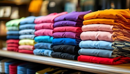 Vibrant t-shirt mockup display retail store product photography indoor environment close-up viewpoint fashion concept