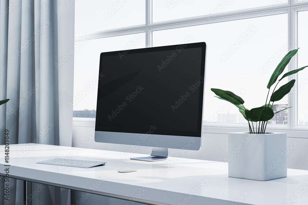 Poster Modern desktop setup with blank computer screen, keyboard, mouse, and plant near large window in bright, clean office space. 3D Rendering