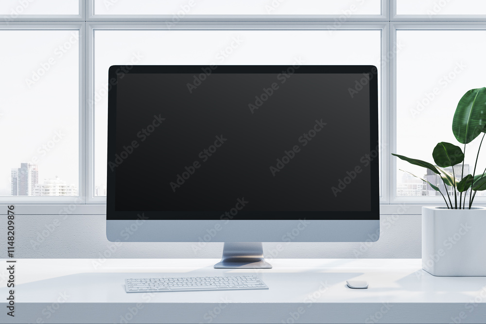 Poster Modern desktop computer on a white desk near a plant, with large windows in the background, in a bright office setting. 3D Rendering
