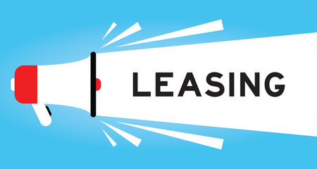 Color megaphone icon with word leasing in white banner on blue background