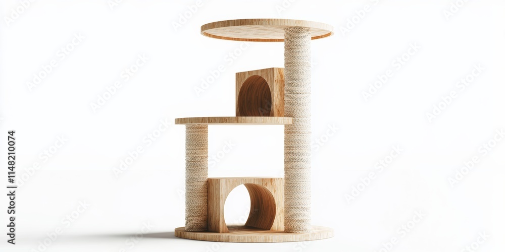 Poster a clean, 3d rendering of a sophisticated cat tower with a small scratching post and curved platforms