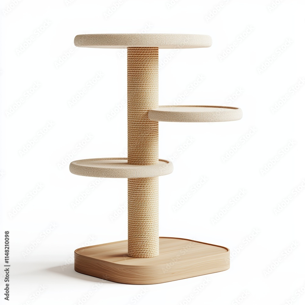 Poster a clean, 3d icon of a modern cat tree with floating platforms and a simple design, isolated on white