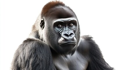 Obraz premium Majestic Portrait of a Gorilla: Captivating Close-Up of an Expressive Gorilla with Intense Eyes and Luxurious Black Fur Against a Bright White Background