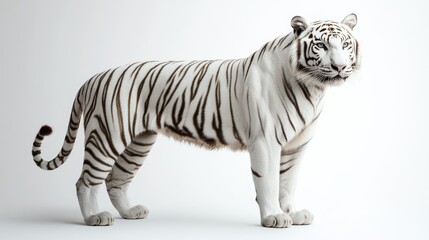 Obraz premium Majestic White Tiger Standing Gracefully Against a Minimalist Background Showcasing Its Striking White Fur and Bold Black Stripes with a Captivating Expression
