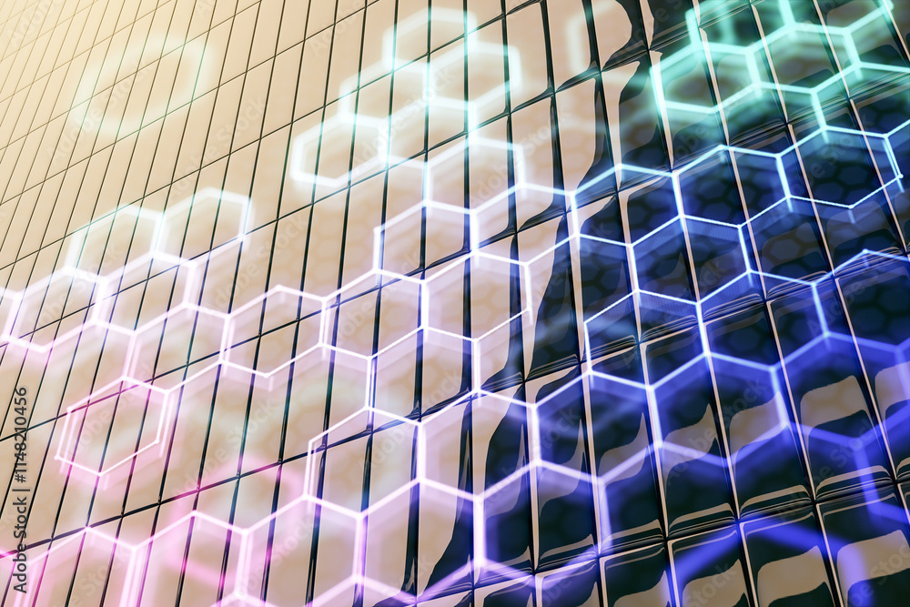 Aufkleber Abstract urban background with hexagonal overlay and glowing holographic effect on a glass building facade.