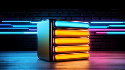 Neon Gold Stack   D Render  Futuristic Data  Digital Technology