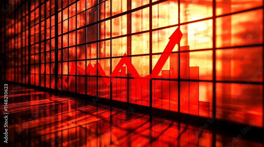 Poster red arrow graph rising against fiery cityscape seen through large window panes in a modern building.