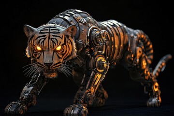 Fototapeta premium Robotic tiger with glowing eyes moves gracefully in a dark environment showcasing advanced technology