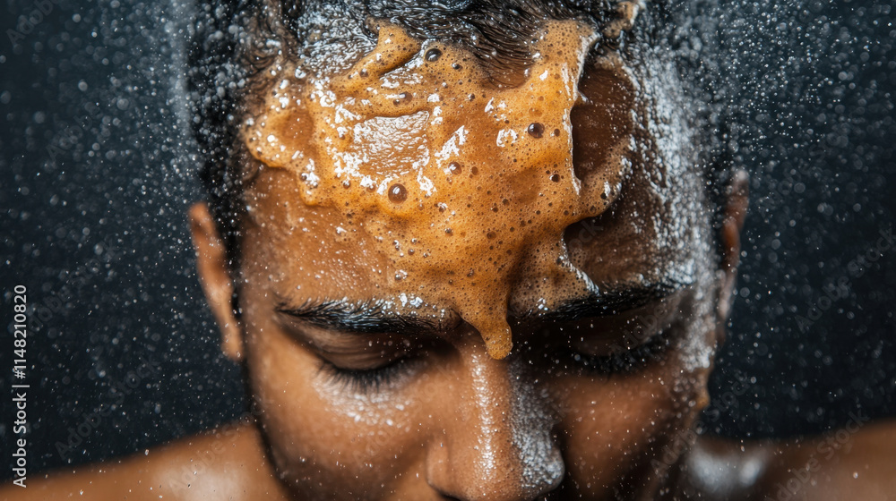 Poster dandruff and scalp care, a close-up of a man with water splashing over his face, creating a dynamic 