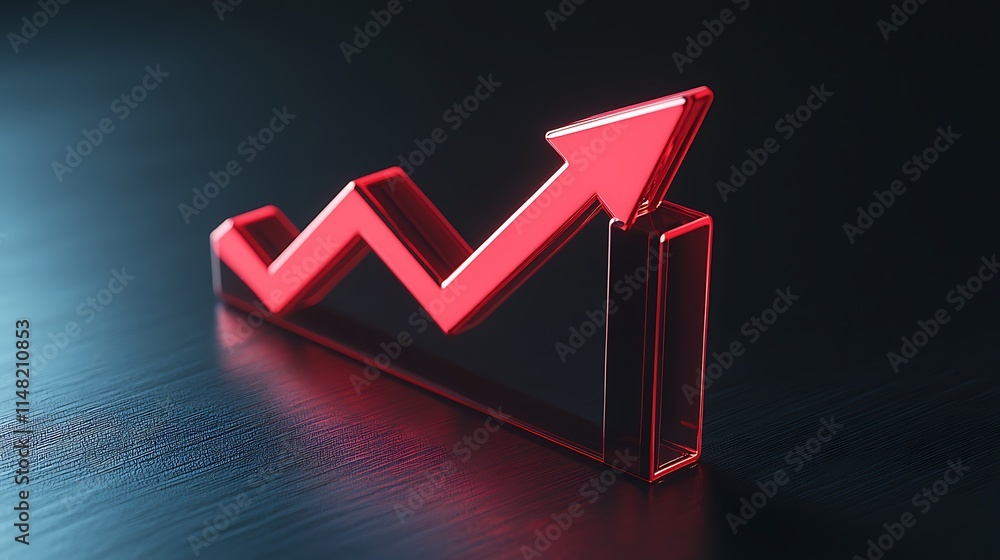 Poster red upward trending arrow graph on dark background.