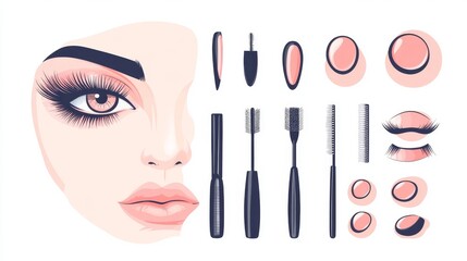 Big set of elements and logos for beauty salon. Nail polish,  manicured female legs, beautiful woman face, eyelash extension, makeup, hairdressing. Vector illustrations