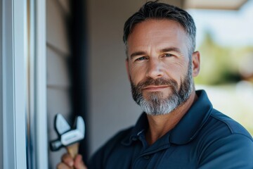 A skilled handyman displays his tools with a confident smile, ready to tackle any home improvement project, showcasing expertise and reliability in his craft.