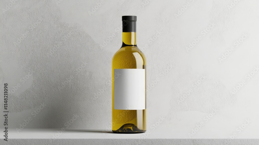 Poster clear glass bottle of white wine standing on a minimalistic grey surface, elegantly displaying an em