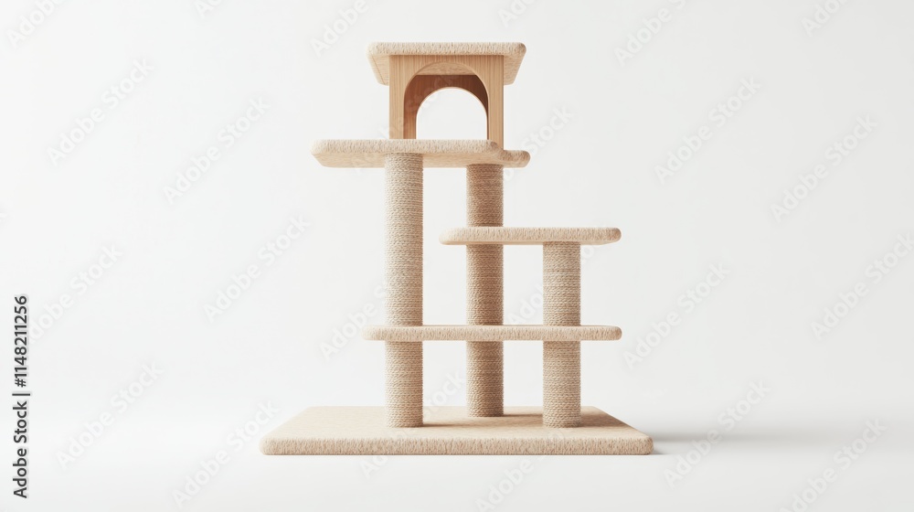 Poster a simplistic 3d representation of a cat tower with stacked platforms and integrated scratch posts, s