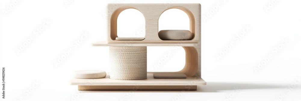 Poster a sleek, modern 3d cat condo with open levels, featuring a neutral color scheme and small resting sp
