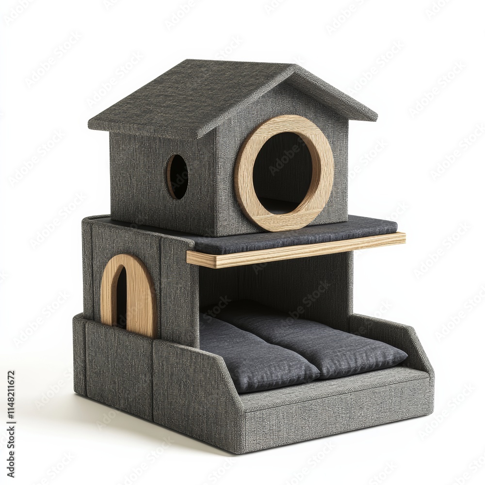 Poster a small, contemporary 3d cat condo featuring a simple design with angular, stacked platforms and sof
