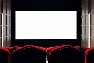Modern cinema hall interior with blank screen and red seats, dark wooden panel walls, and...