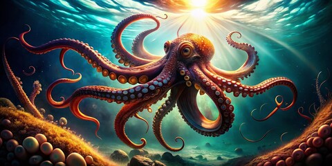 Majestic Octopus Underwater Photography: Sunlit Ocean, Gliding Tentacles, Cephalopod