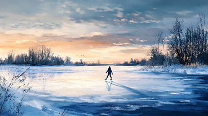  A serene winter landscape with an ice skater gracefully gliding across a frozen lake (1)