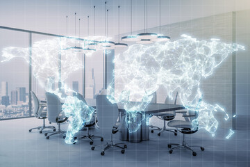 World map overlay with digital network connections in modern office setting.