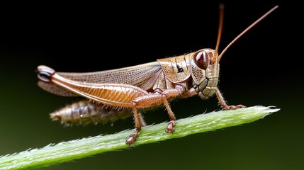 Fototapeta premium Close-up of a brown grasshopper perched on a green blade of grass against a dark background.