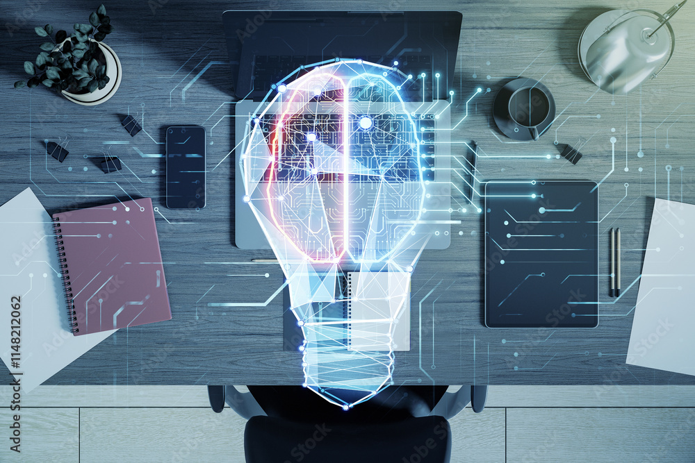 Aufkleber futuristic lightbulb hologram overlaying a modern office desk with digital technology elements on a 