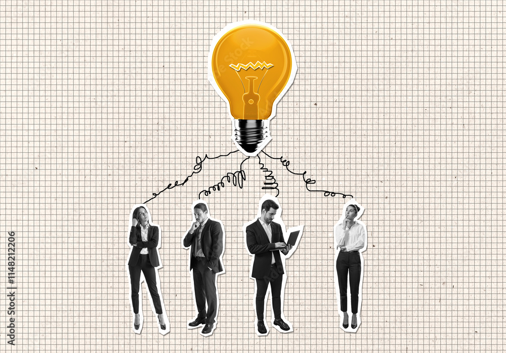 Poster collage of businesspeople brainstorming with lightbulb on grid background.
