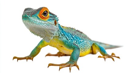 Obraz premium Brightly Colored Lizard with Striking Features and Unique Scales Posing Against a White Background for Nature, Wildlife, and Reptile Enthusiasts
