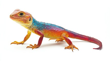 Fototapeta premium Vibrant Colorful Lizard on White Background Showcasing Bright Blue, Orange, Red, and Yellow Scales with Intricate Patterns and Details Highlighting Its Unique Appearance
