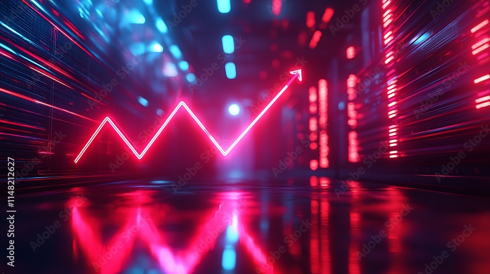 Poster Neon red upward arrow graph in futuristic digital space.