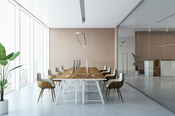 Modern office interior with wooden desk, stylish chairs, and glass partitions in a corporate workspace. 3D Rendering