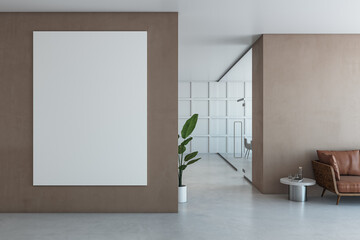 Modern office lobby interior with large blank white poster on brown wall, brown leather sofa, glass table, and green plant in pot. 3D Rendering