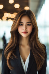 Fototapeta premium Beautiful Asian woman with long hair, wearing professional attire. Inclusion at workplace concept.